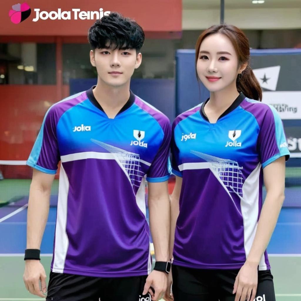 Create a layout of this main picture;  front and back with a customise name and number, at the side of the biceps,put ICS. Violet,white and blue the chest logo is joola . Table tennis jersey, v neck. The main color of the shirt is purple and blue and white of it