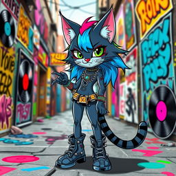 A punk girl cat character, featuring a sleek feline body adorned with colorful punk rock accessories like spiked collars and chains