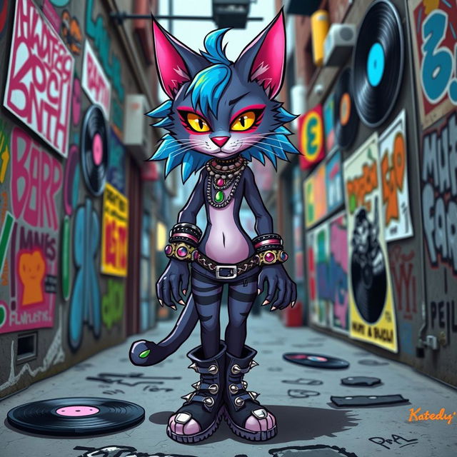 A punk girl cat character, featuring a sleek feline body adorned with colorful punk rock accessories like spiked collars and chains