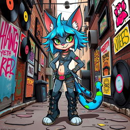A punk girl cat character, featuring a sleek feline body adorned with colorful punk rock accessories like spiked collars and chains