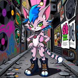 A punk girl cat character, featuring a sleek feline body adorned with colorful punk rock accessories like spiked collars and chains