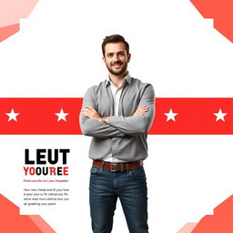 A campaign flyer template with a bold red, white, and gray background