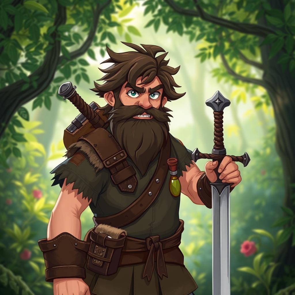 A fantasy folk hero character with messy brown hair and a scruffy black beard, embodying a rugged and adventurous spirit