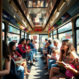 A vibrant and lively city bus interior filled with diverse passengers