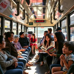 A vibrant and lively city bus interior filled with diverse passengers