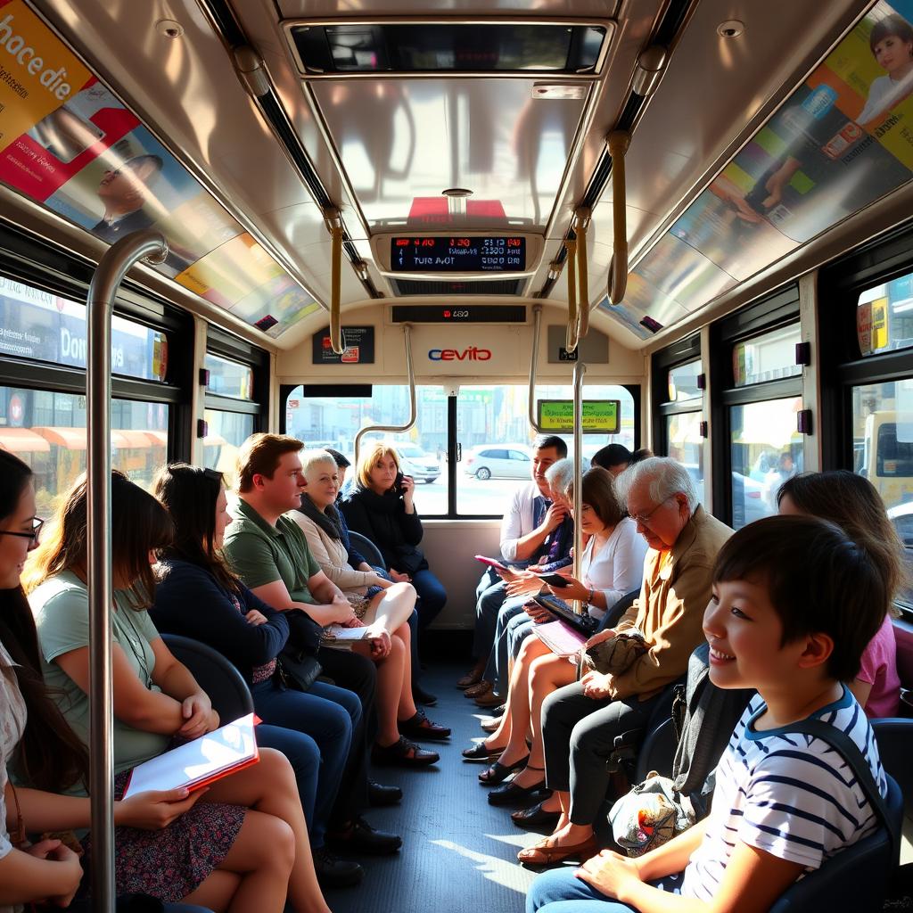 A vibrant and lively city bus interior filled with diverse passengers