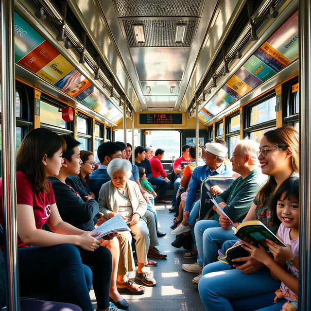 A vibrant and lively city bus interior filled with diverse passengers
