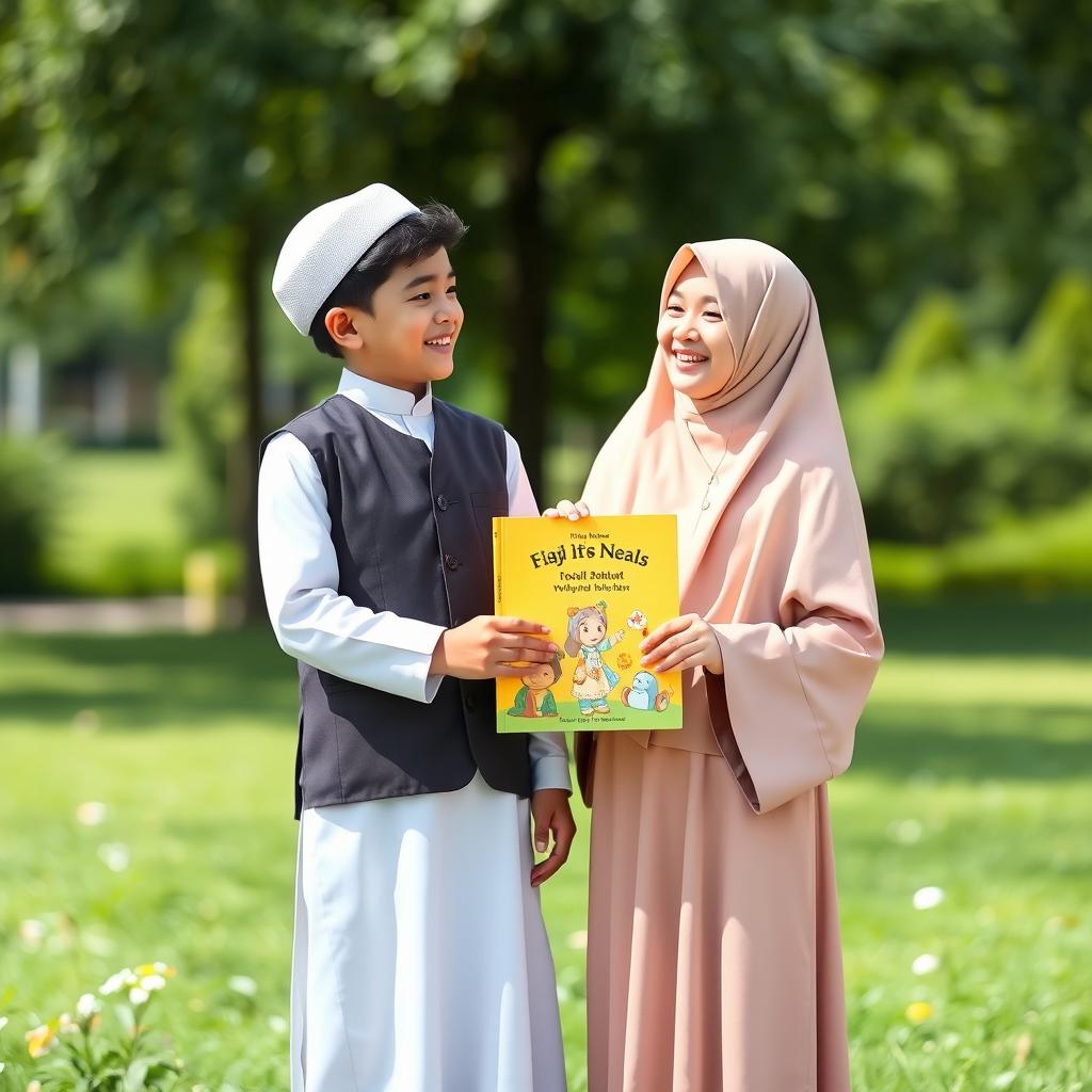 A boy and a girl wearing traditional Islamic school uniforms, standing side by side, joyfully holding a colorful book