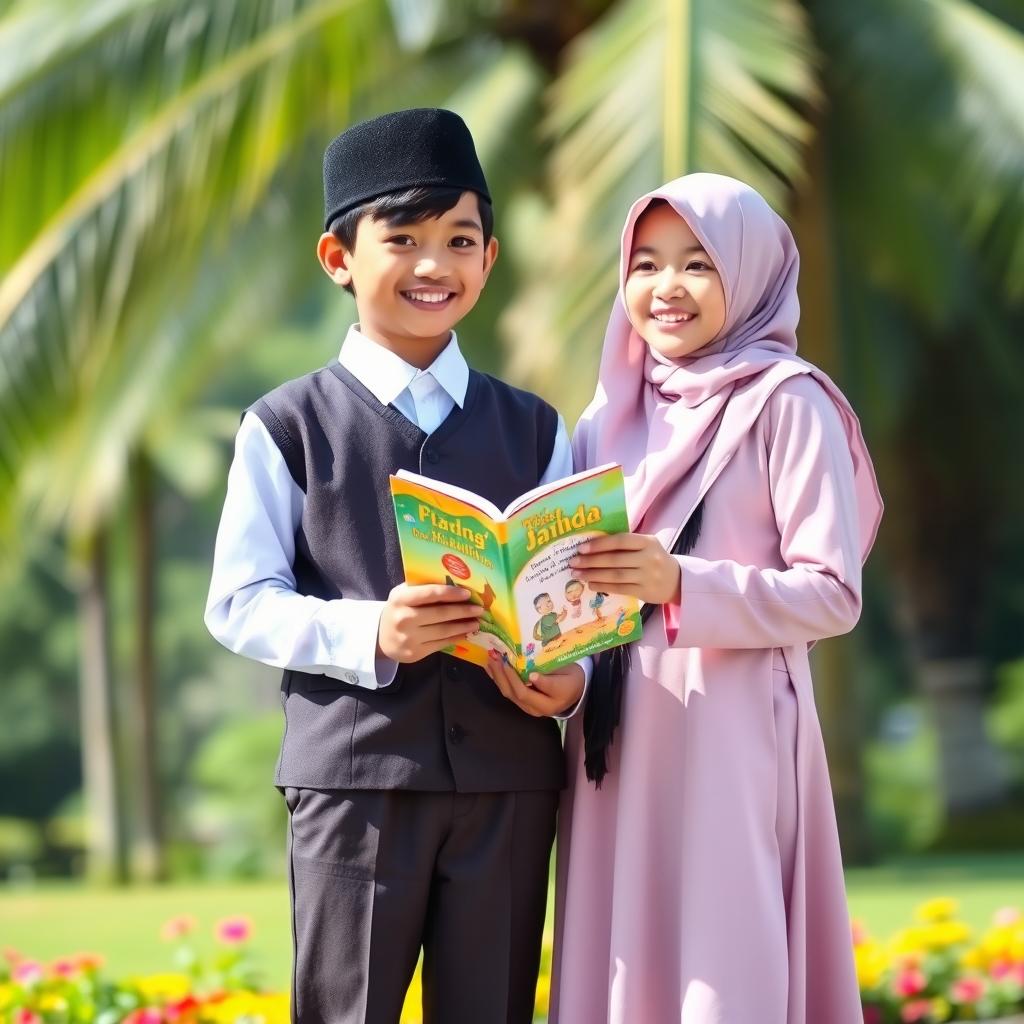 An Indonesian boy and girl in traditional Islamic school uniforms, standing side by side, happily holding a colorful book