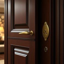 A detailed and realistic depiction of a complete door, showcasing a polished wooden surface with intricate carvings, a brushed metal handle, and a classy brass lock