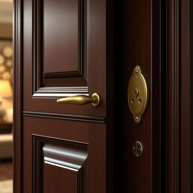 A detailed and realistic depiction of a complete door, showcasing a polished wooden surface with intricate carvings, a brushed metal handle, and a classy brass lock