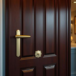 A detailed and realistic depiction of a complete door, showcasing a polished wooden surface with intricate carvings, a brushed metal handle, and a classy brass lock
