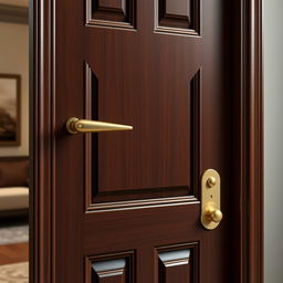 A detailed and realistic depiction of a complete door, showcasing a polished wooden surface with intricate carvings, a brushed metal handle, and a classy brass lock