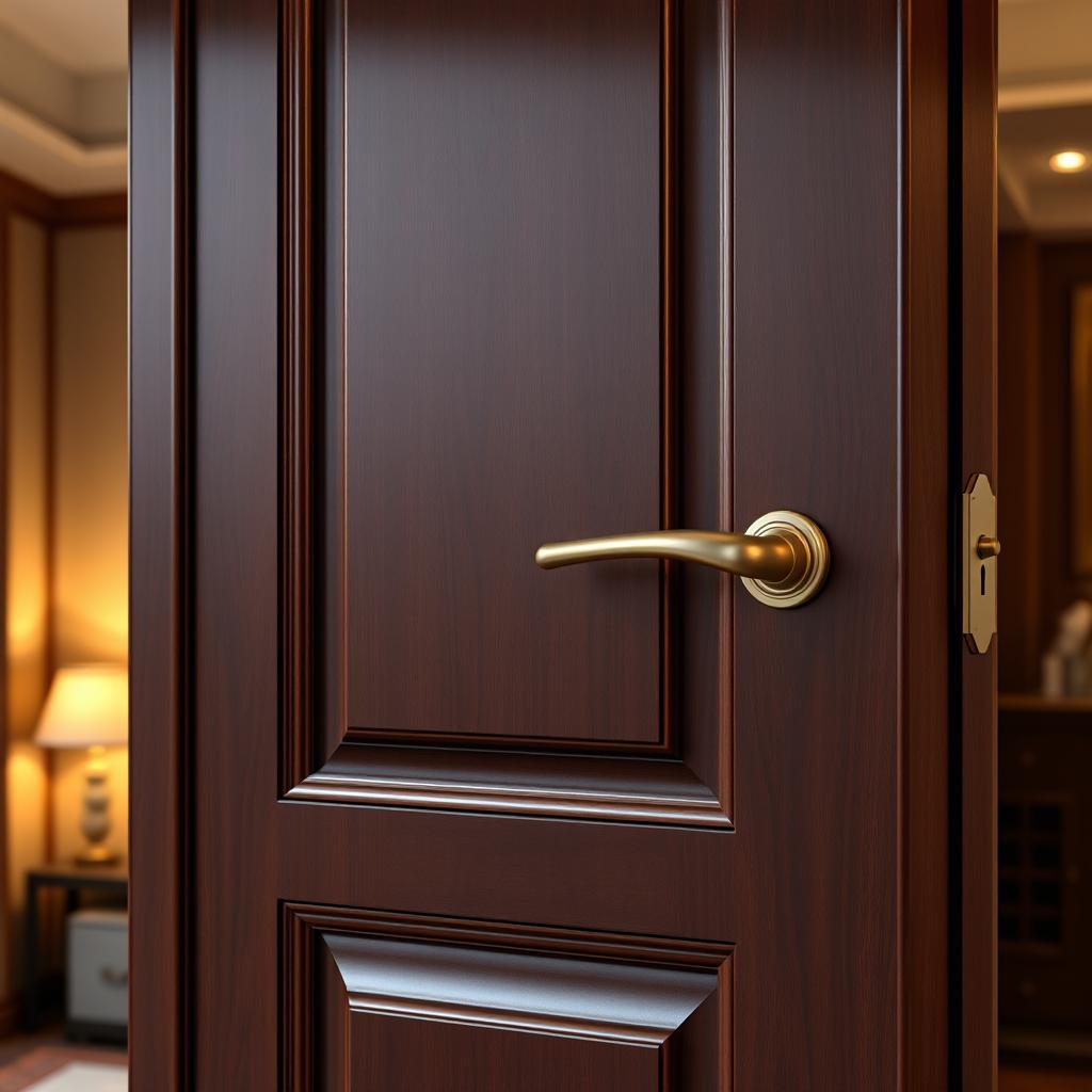 A detailed and realistic depiction of a complete door, showcasing a polished wooden surface with intricate carvings, a brushed metal handle, and a classy brass lock