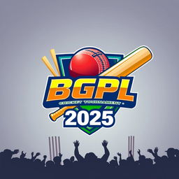 A vibrant and eye-catching 3D logo for the 'BGPL Cricket Tournament 2025', featuring a cricket ball and bat in a dynamic design