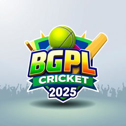 A vibrant and eye-catching 3D logo for the 'BGPL Cricket Tournament 2025', featuring a cricket ball and bat in a dynamic design