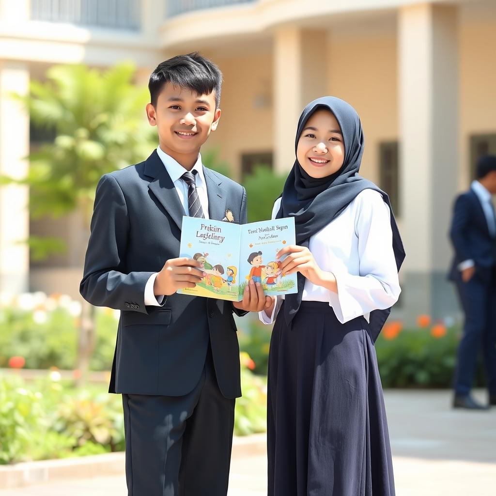 An Indonesian boy and girl in Islamic senior high school uniforms, standing together and enthusiastically holding a book