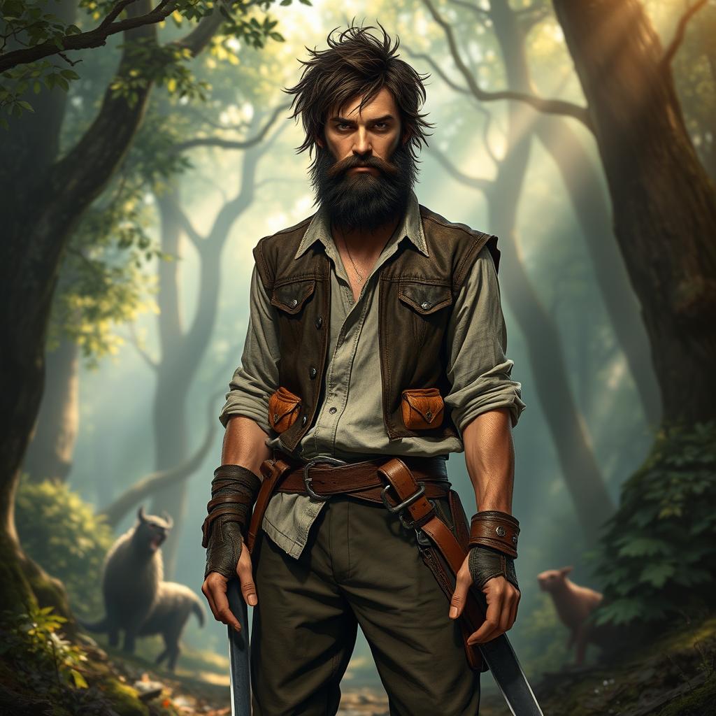 A rugged fantasy folk hero, an adult male with messy brown hair and a scruffy black beard, embodying the essence of adventure and bravery