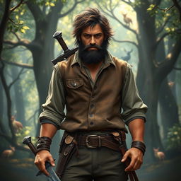 A rugged fantasy folk hero, an adult male with messy brown hair and a scruffy black beard, embodying the essence of adventure and bravery