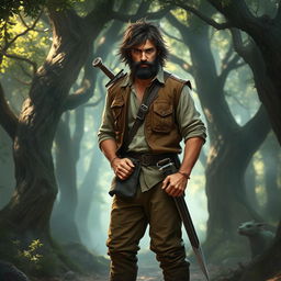 A rugged fantasy folk hero, an adult male with messy brown hair and a scruffy black beard, embodying the essence of adventure and bravery