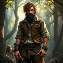 A rugged fantasy folk hero, an adult male with messy brown hair and a scruffy black beard, embodying the essence of adventure and bravery