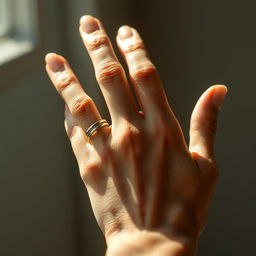A stunningly detailed close-up of a human hand, featuring elegant fingers adorned with silver rings