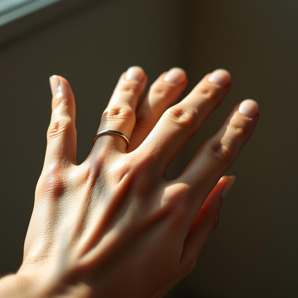 A stunningly detailed close-up of a human hand, featuring elegant fingers adorned with silver rings