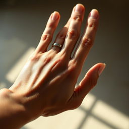 A stunningly detailed close-up of a human hand, featuring elegant fingers adorned with silver rings
