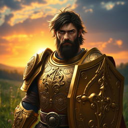A heroic fantasy paladin, an adult male with messy brown hair and a rugged black beard, radiating strength and righteousness