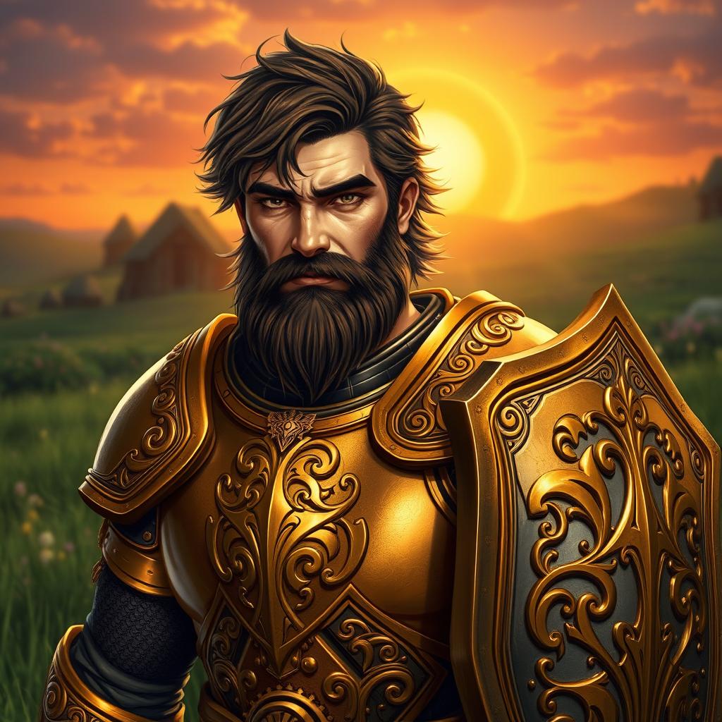 A heroic fantasy paladin, an adult male with messy brown hair and a rugged black beard, radiating strength and righteousness