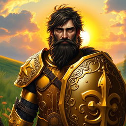 A heroic fantasy paladin, an adult male with messy brown hair and a rugged black beard, radiating strength and righteousness