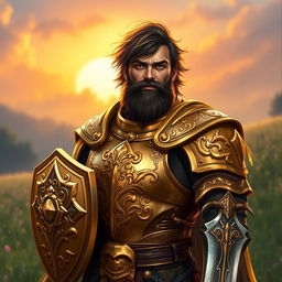 A heroic fantasy paladin, an adult male with messy brown hair and a rugged black beard, radiating strength and righteousness