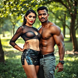 A full-length intimate couple photoshoot set in a lush, green park environment, featuring a stunning 22-year-old Arab woman wearing a transparent black wet shirt and a microskirt