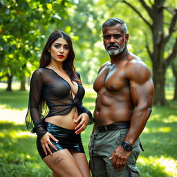 A full-length intimate couple photoshoot set in a lush, green park environment, featuring a stunning 22-year-old Arab woman wearing a transparent black wet shirt and a microskirt