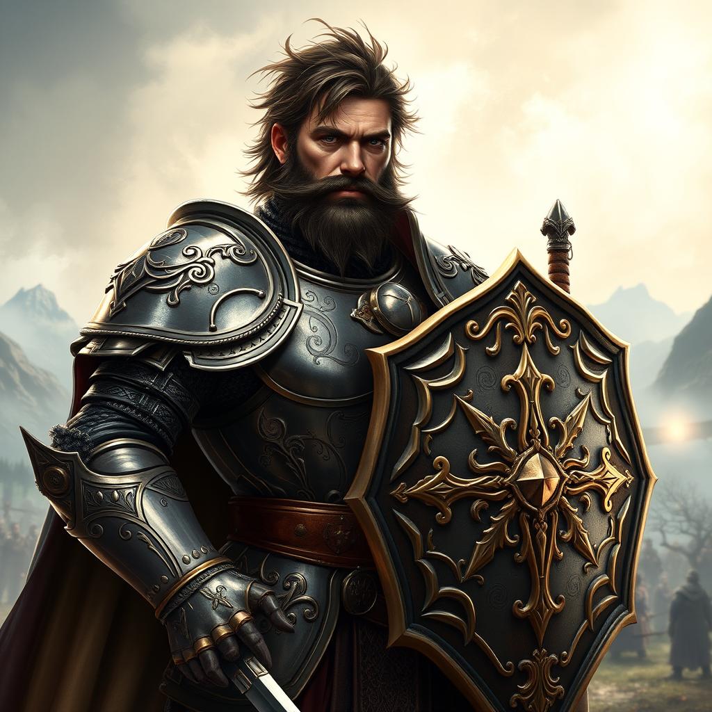 A formidable fantasy paladin, an adult male with messy brown hair and a thick black beard, fully clad in intricately designed plate armor that gleams in the light