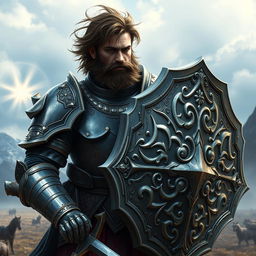A formidable fantasy paladin, an adult male with messy brown hair and a thick black beard, fully clad in intricately designed plate armor that gleams in the light