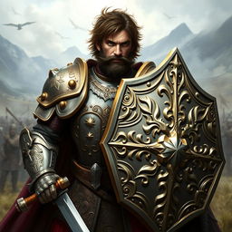 A formidable fantasy paladin, an adult male with messy brown hair and a thick black beard, fully clad in intricately designed plate armor that gleams in the light