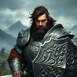 A formidable fantasy paladin, an adult male with messy brown hair and a thick black beard, fully clad in intricately designed plate armor that gleams in the light