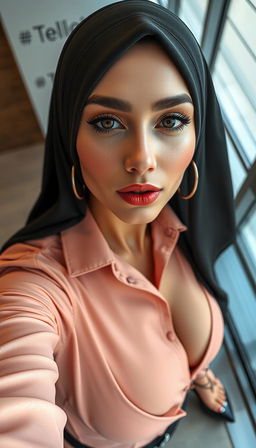 A 46-year-old Slavic secretary captured in a close-up selfie from an elevated angle, showcasing her tight business cleavage shirt and a short stripper suit that emphasizes her figure