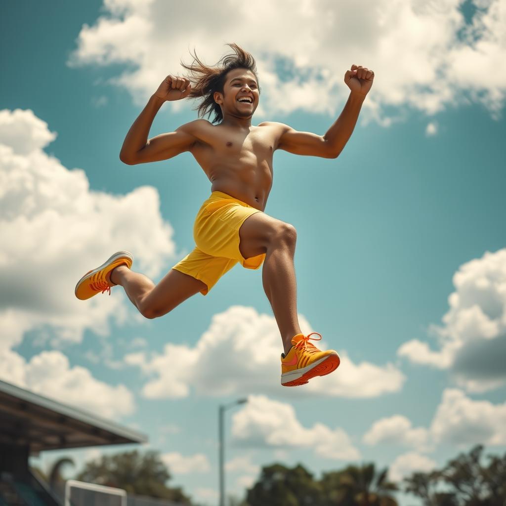 A person mid-air showing an impressive vertical leap, wearing bright athletic gear, with a dynamic expression of excitement and determination