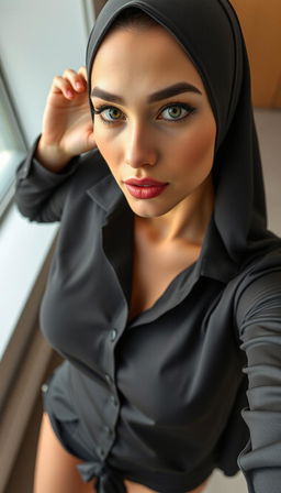 A 46-year-old Slavic secretary captured in a close-up selfie from an elevated angle, highlighting her tight business cleavage shirt combined with a short stripper suit that showcases her figure