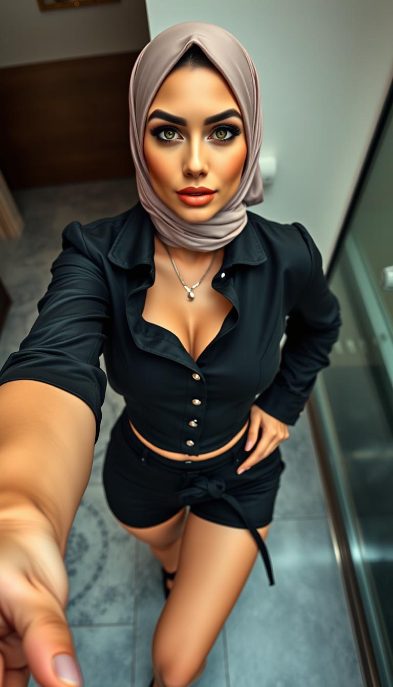 A 46-year-old Slavic secretary captured in a close-up selfie from an elevated angle, highlighting her tight business cleavage shirt combined with a short stripper suit that showcases her figure