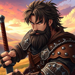 An anime-style fantasy fighter, an adult male characterized by messy brown hair and a bold black beard that enhances his rugged charm