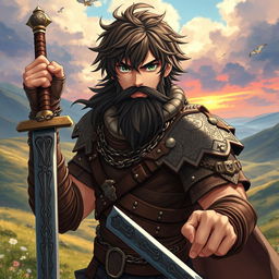 An anime-style fantasy fighter, an adult male characterized by messy brown hair and a bold black beard that enhances his rugged charm