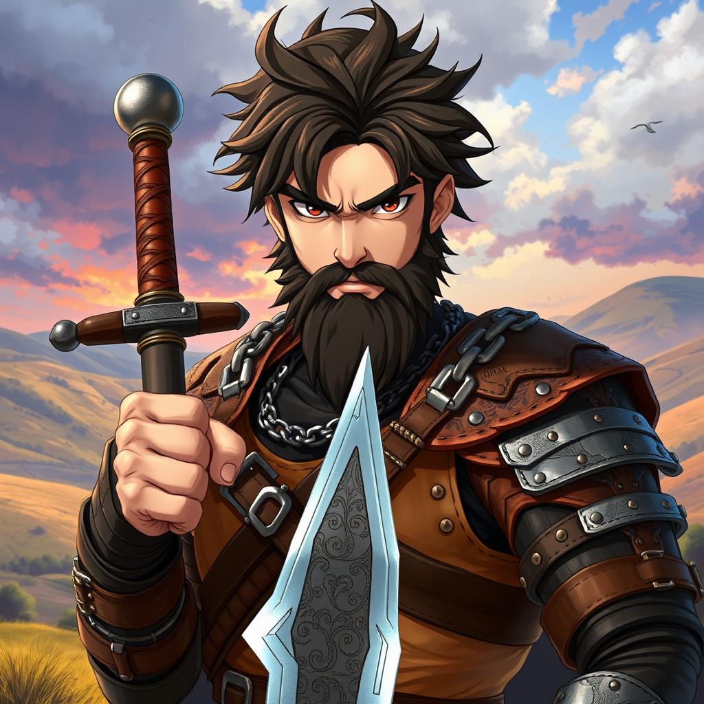 An anime-style fantasy fighter, an adult male characterized by messy brown hair and a bold black beard that enhances his rugged charm