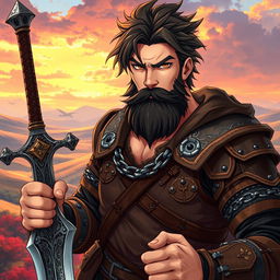 An anime-style fantasy fighter, an adult male characterized by messy brown hair and a bold black beard that enhances his rugged charm