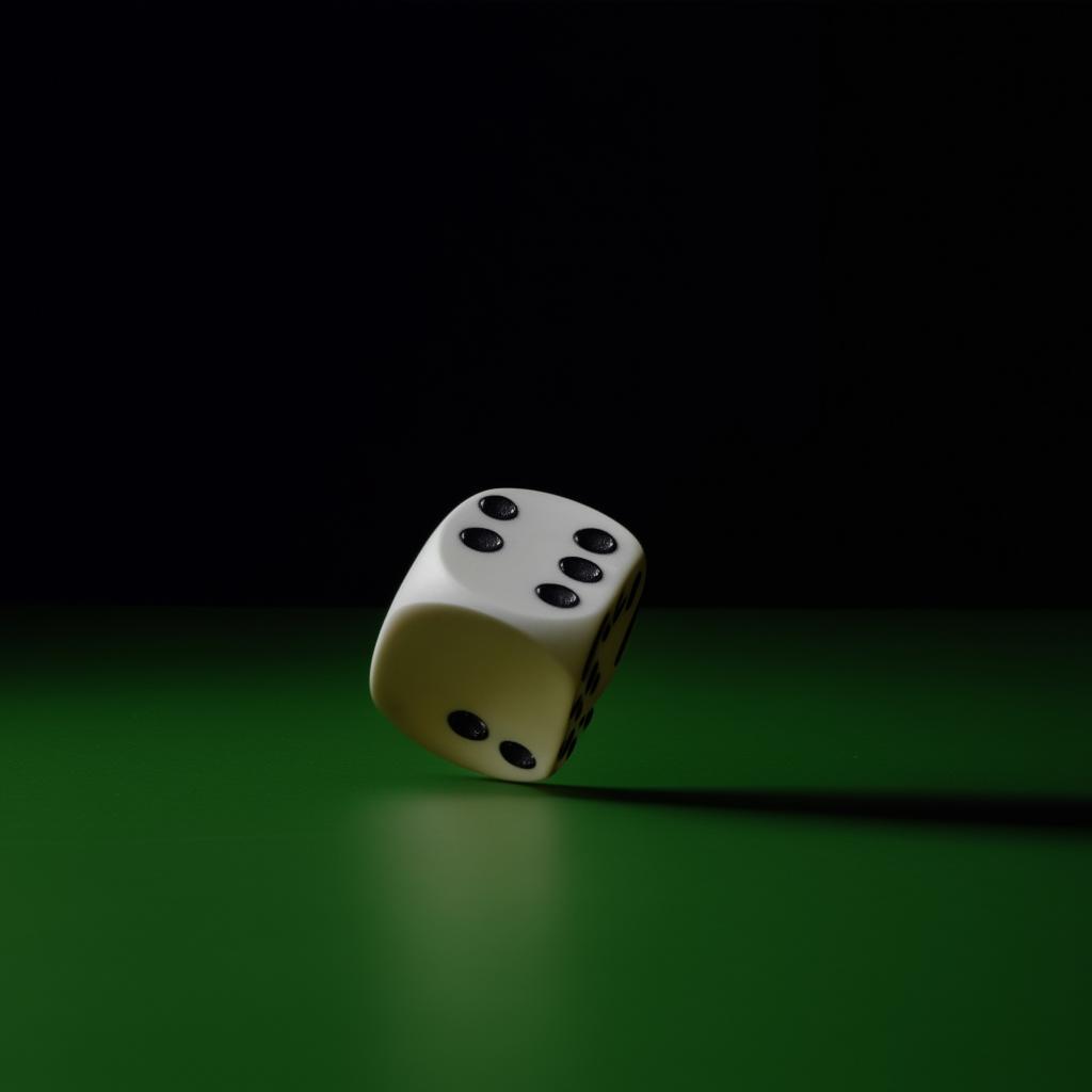 A single die in the process of landing on the table, captured at the moment before it settles, indicating a random roll.