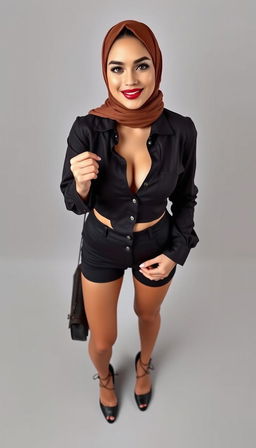 A full-body photo of a 46-year-old Slavic secretary, styled in a tight business cleavage shirt and a short top that highlights her figure