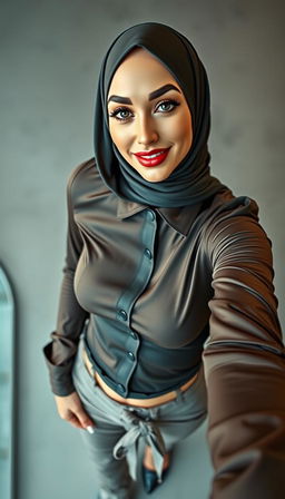 A full-body photo of a 46-year-old Slavic secretary, styled in a tight business cleavage shirt and a short top that highlights her figure