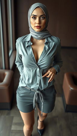 A full-body photo of a 46-year-old Slavic secretary styled in a tight business cleavage shirt that accentuates her silicone-enhanced rounded breasts, paired with a fashionable short top